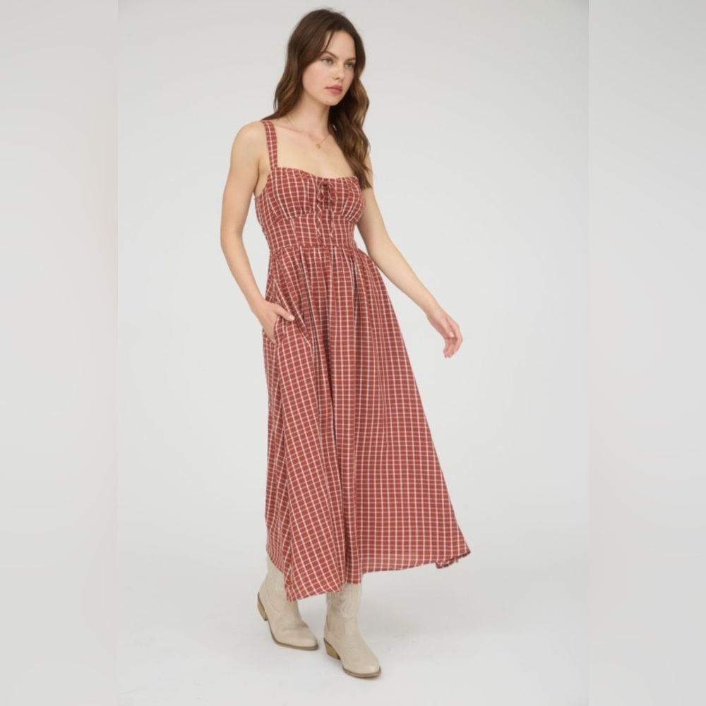 ON SALE 502 Rust Red Plaid Maxi Dress, western boho festival